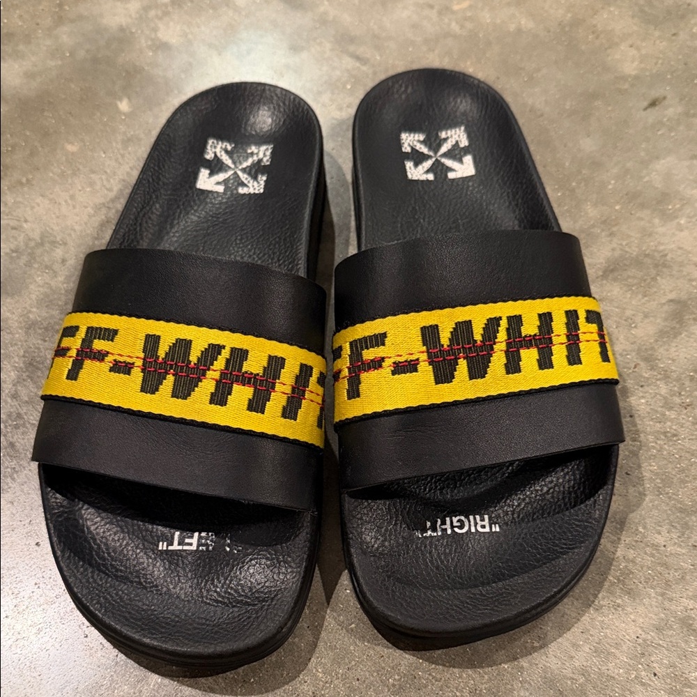 Authentic Off-White Black Slides with industrial  Yellow Strap